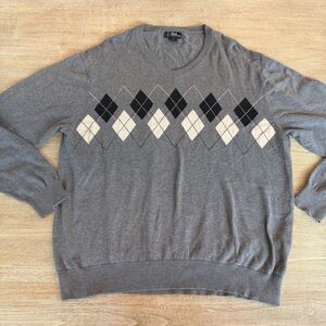 PGA Tour Gray and Black Argyle V-Neck Sweater Men’s XL 100% Cotton Classic Style